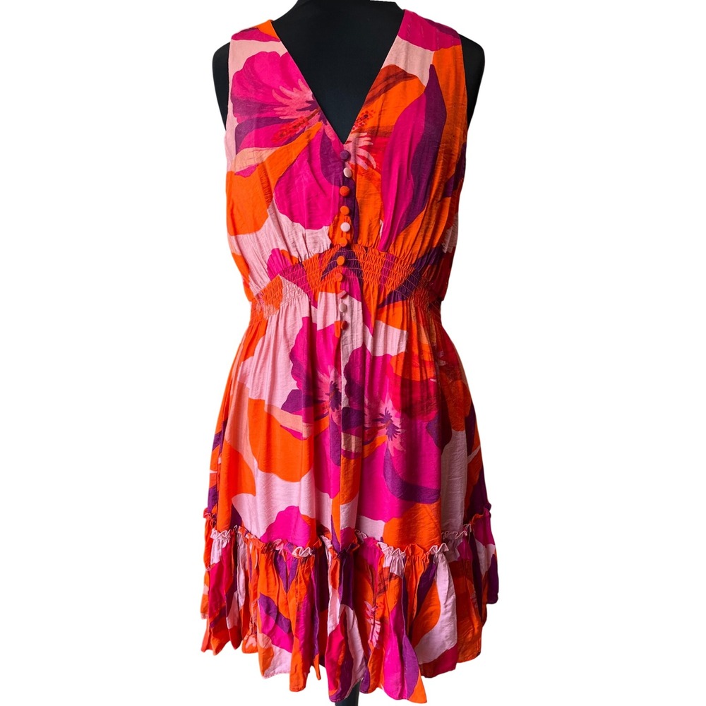 Taylor Women Orange Pink Purple Floral Smocked Waist Ruffle Hem Mini Dress 14